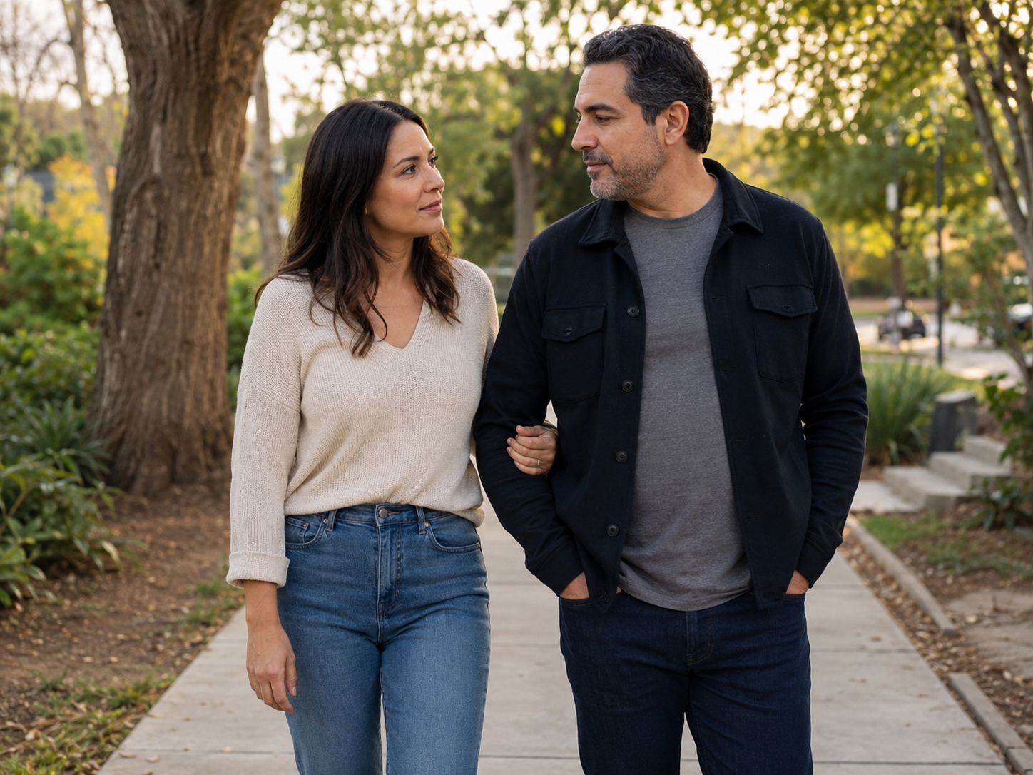 Couple walking outside side by side in a quiet hopeful moment