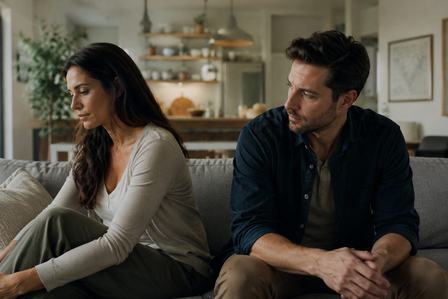 Couple sitting in a quiet living room moment before a difficult conversation