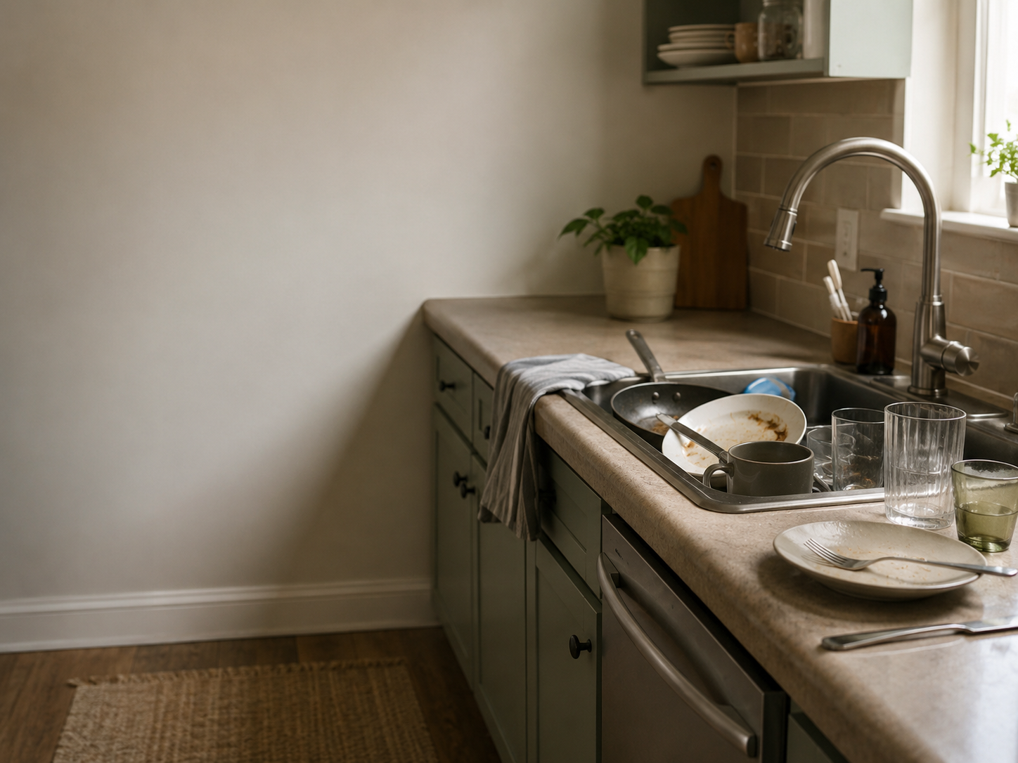 Dishes left in a quiet kitchen sink after an ordinary household moment